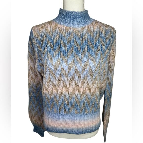 Strut & Bolt Women’s Sweater Blue Pink with Gold Size Large - Picture 2 of 12
